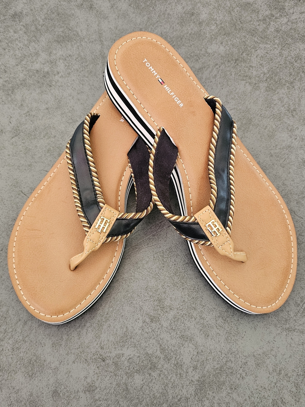 Tommy Hilfiger Black and Tan Rope-Trim Thong Sandals